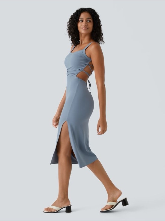 HALARA Dresses & Skirts - Halara Ruched Lace Up Bodycon Midi Casual Dress M Medium NWT
